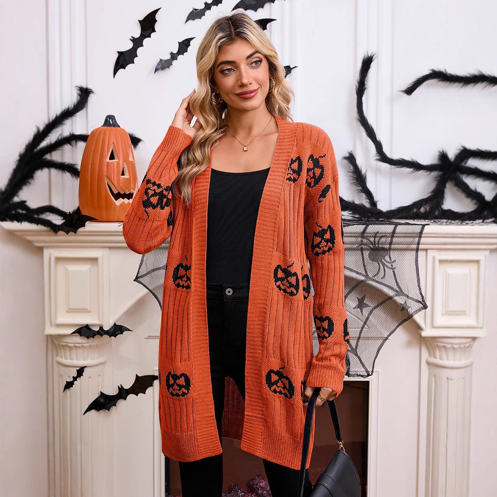 Women's Pumpkin Print Halloween Cardigan
