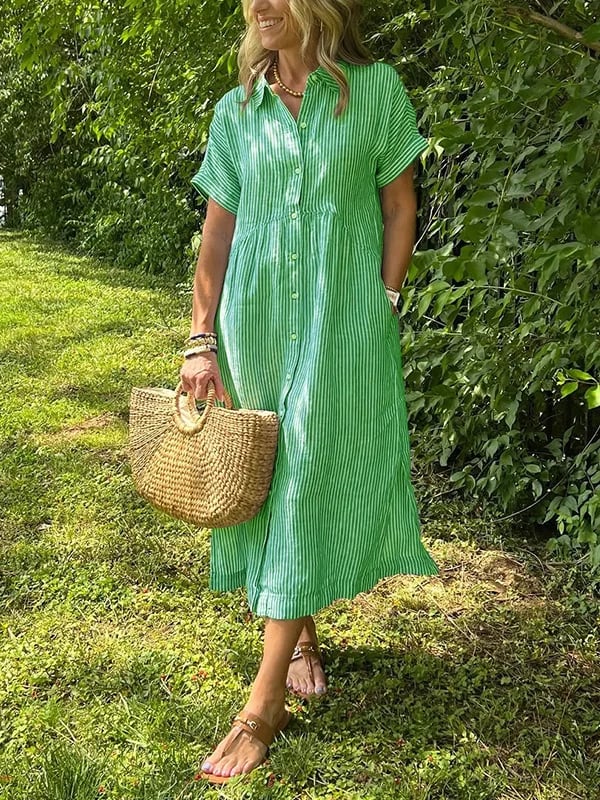 Women's Striped Linen Shirt Dress with Side Pockets