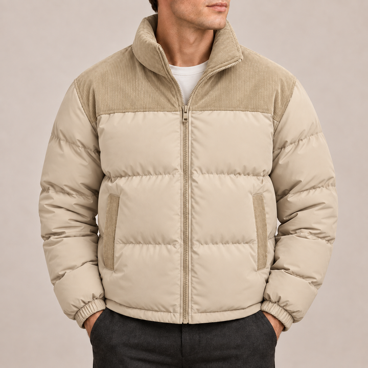 Men's Quilted Puffer Jacket with Corduroy Collar