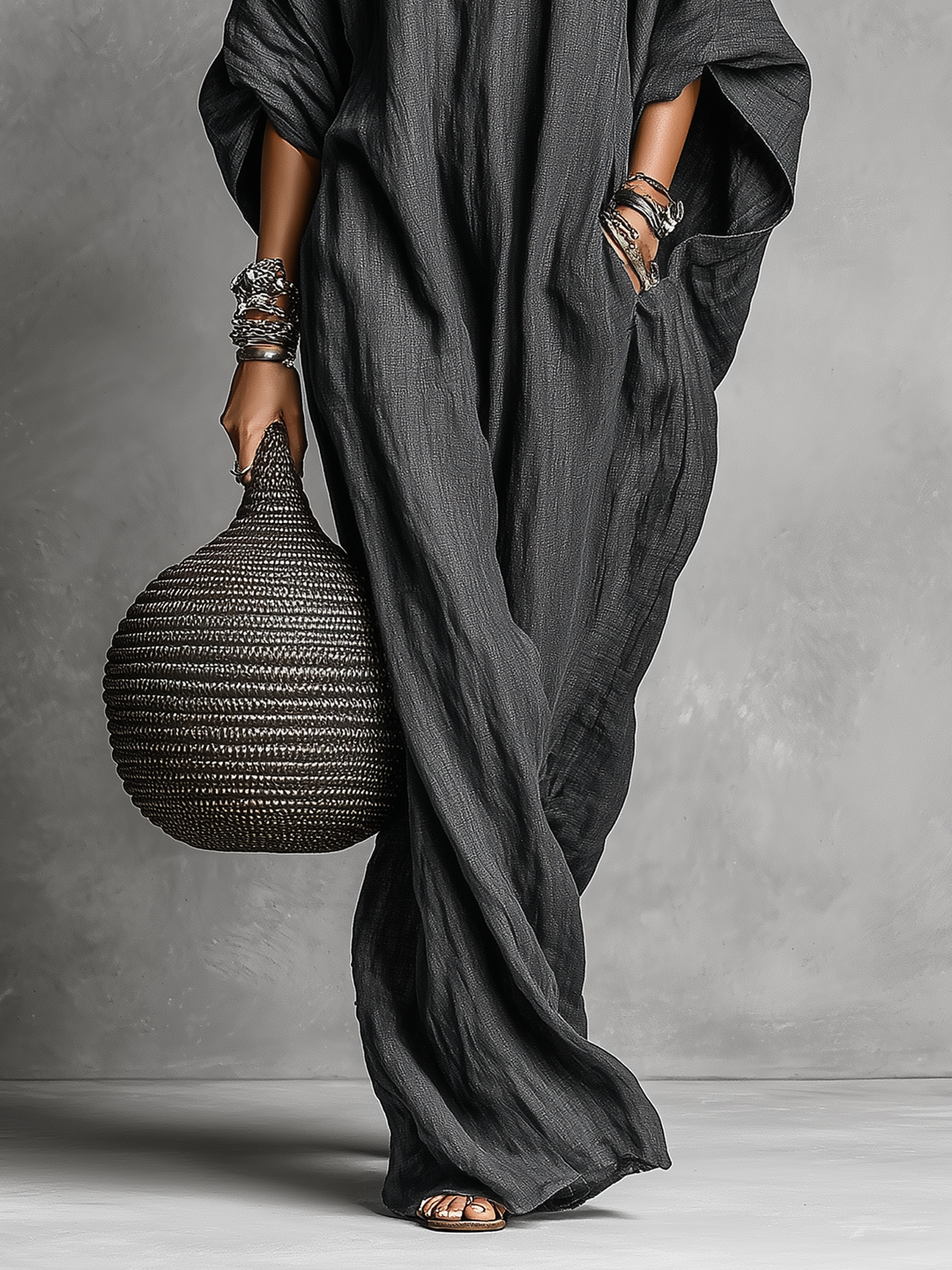 Women's Linen Kaftan Maxi Dress with Dolman Sleeves