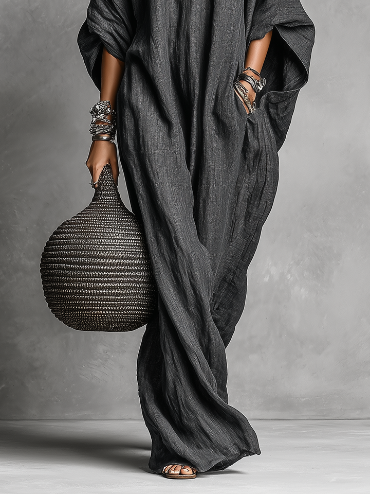 Women's Linen Kaftan Maxi Dress with Dolman Sleeves