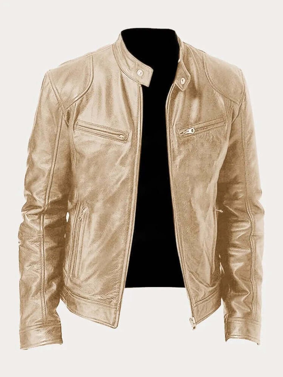Men's Biker Jacket with Stand Collar and Zip Pockets