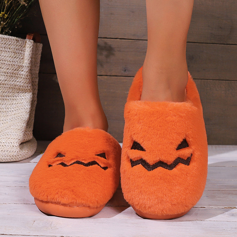 Women's Plush Pumpkin Halloween Slippers with Face Cutout
