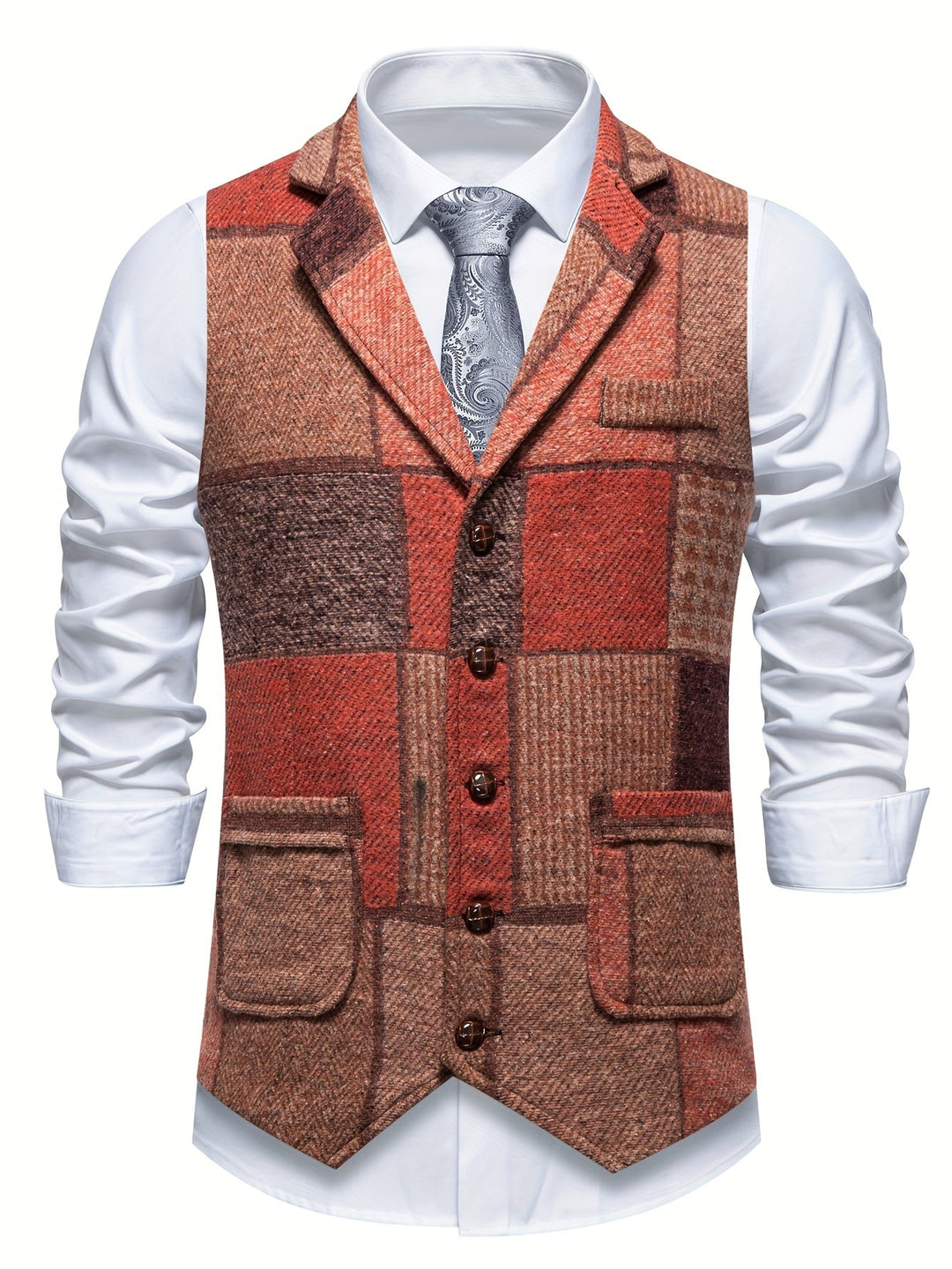 Men's Tweed Patchwork Waistcoat with Herringbone Detail