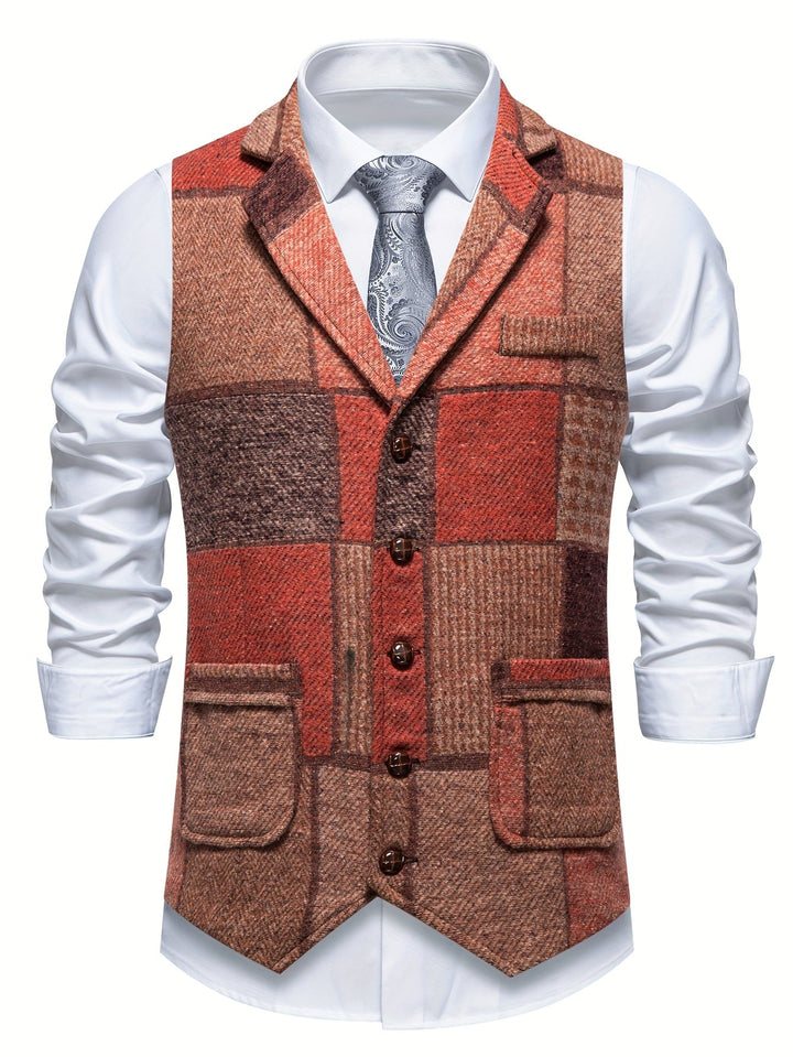 Men's Tweed Patchwork Waistcoat with Herringbone Detail