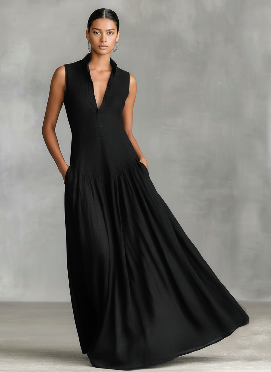 Women's Collared Button-Placket Maxi Dress