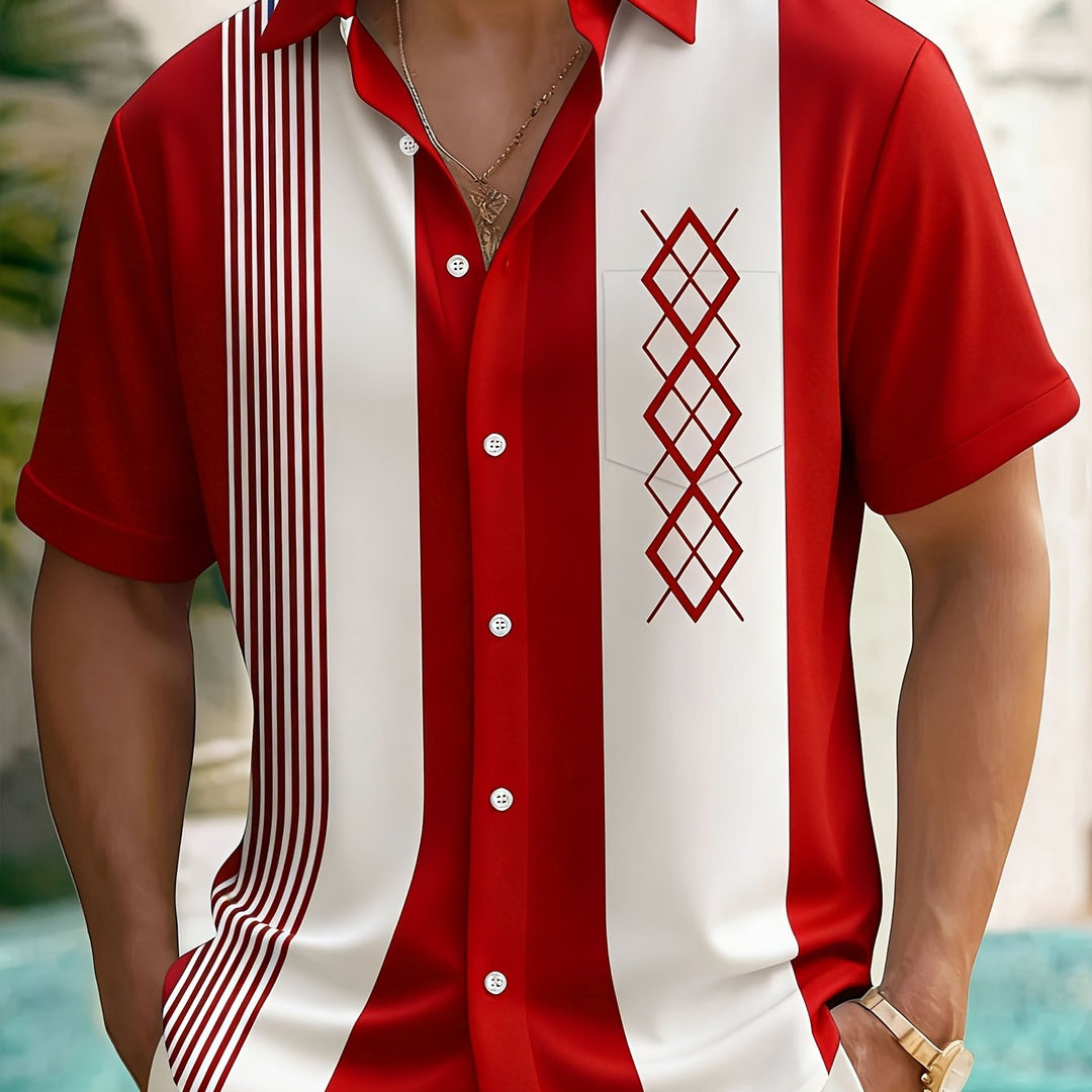Men's Short Sleeve Colourblock Shirt with Diamond Print