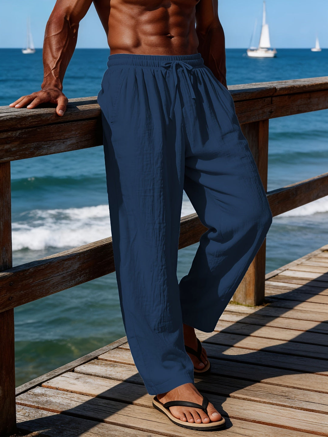 Men's Crinkled Linen Wide-Leg Drawstring Pants