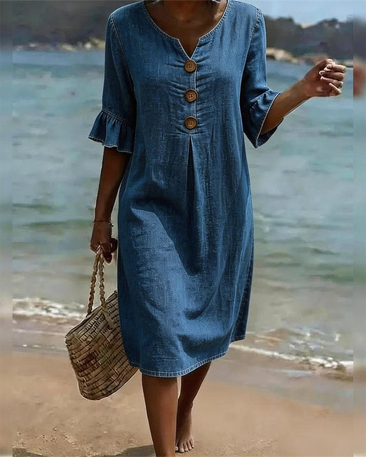 Women's Denim Midi Dress with Flutter Sleeves