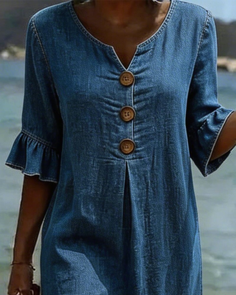 Women's Denim Midi Dress with Flutter Sleeves