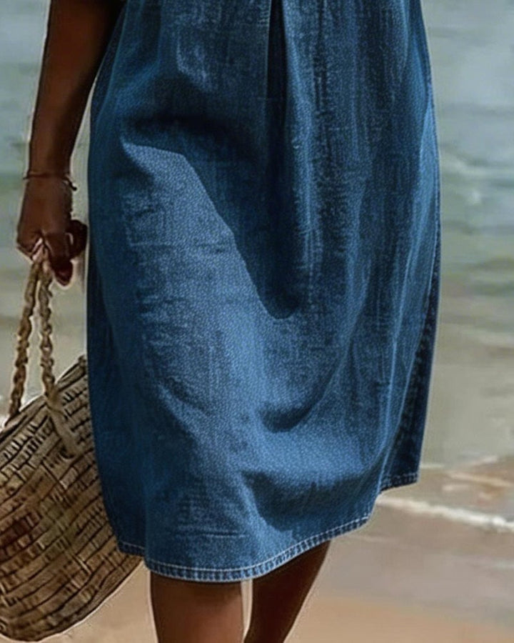 Women's Denim Midi Dress with Flutter Sleeves