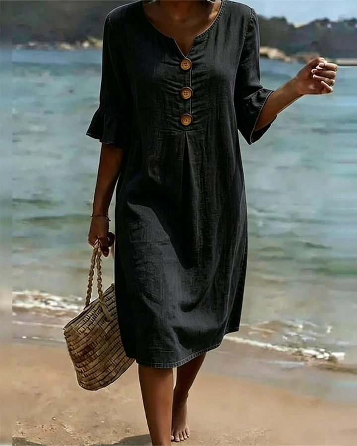 Women's Denim Midi Dress with Flutter Sleeves