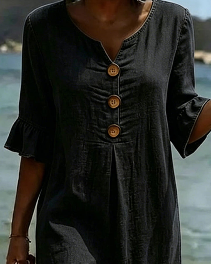 Women's Denim Midi Dress with Flutter Sleeves