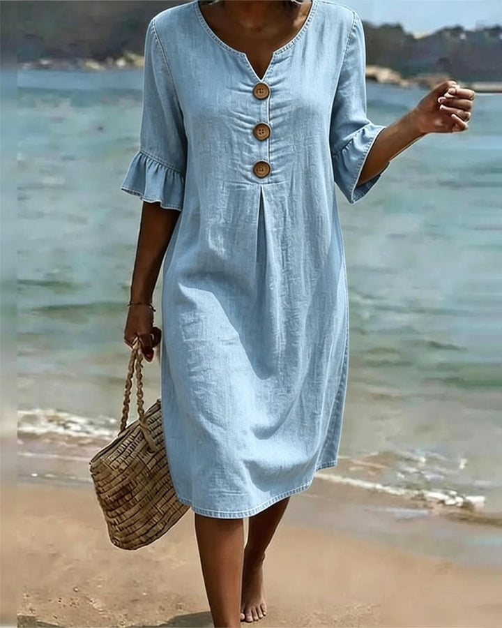 Women's Denim Midi Dress with Flutter Sleeves