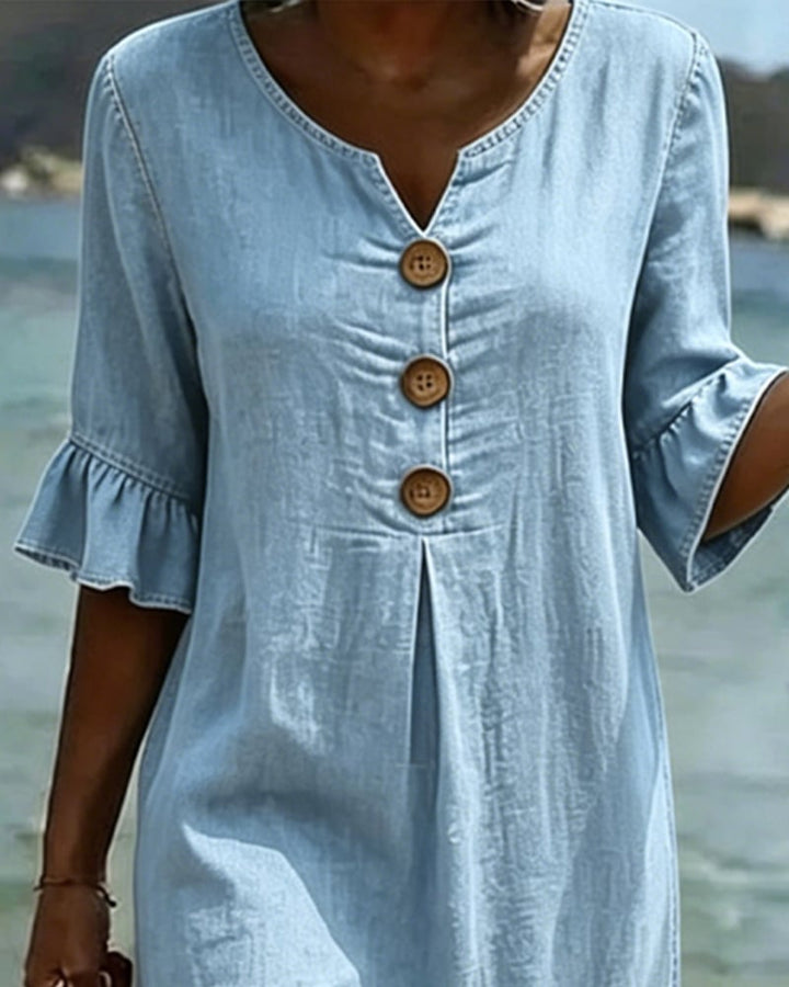 Women's Denim Midi Dress with Flutter Sleeves