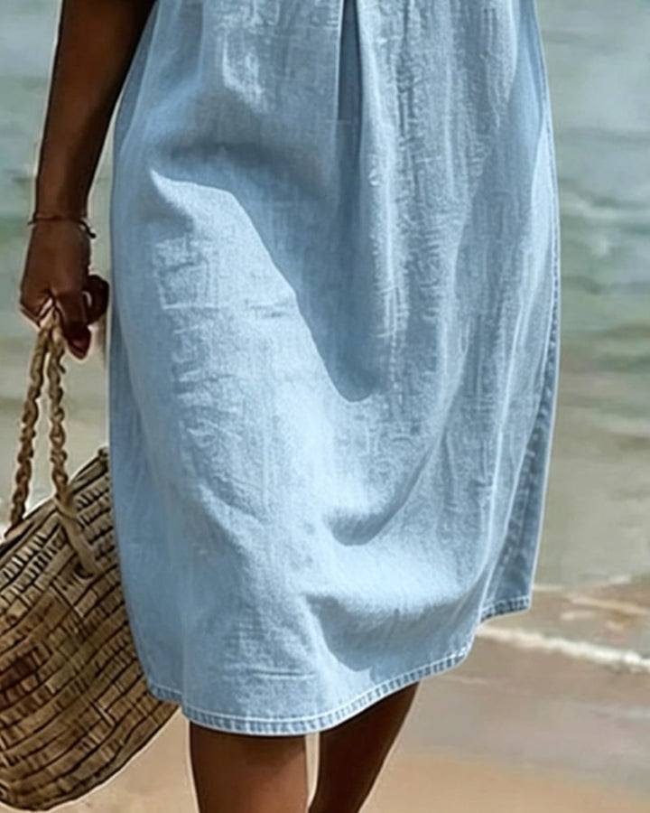 Women's Denim Midi Dress with Flutter Sleeves