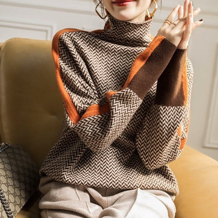 Women's Houndstooth Turtleneck Jumper with Contrast Cuffs
