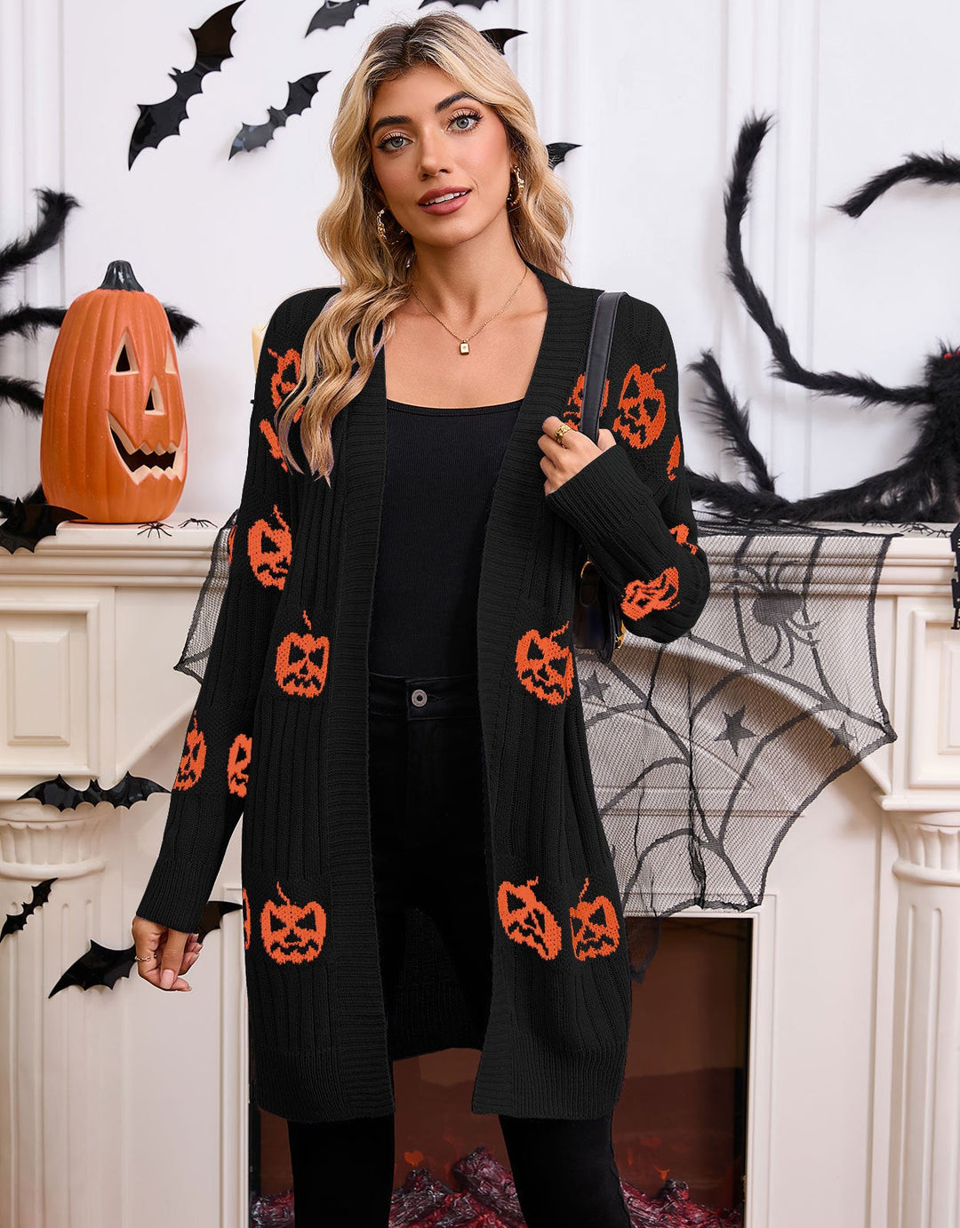 Women's Pumpkin Print Halloween Cardigan