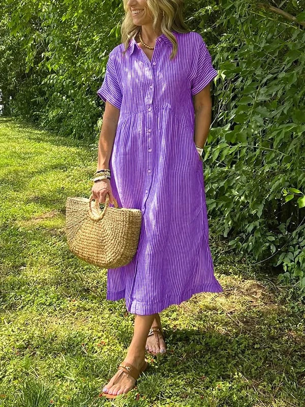 Women's Striped Linen Shirt Dress with Side Pockets