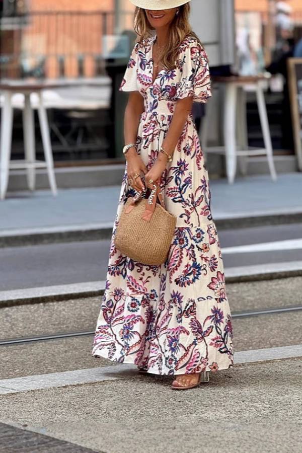 Women's Floral Maxi Dress with Tiered Hem