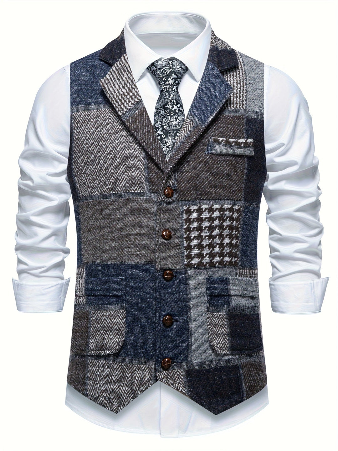 Men's Tweed Patchwork Waistcoat with Herringbone Detail