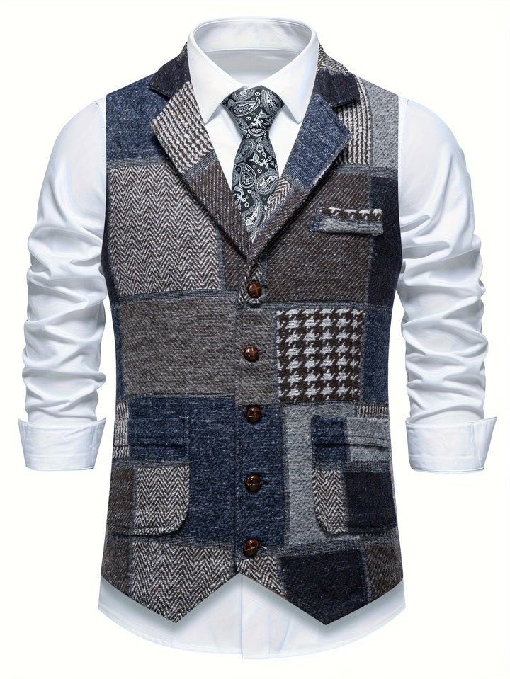 Men's Tweed Patchwork Waistcoat with Herringbone Detail