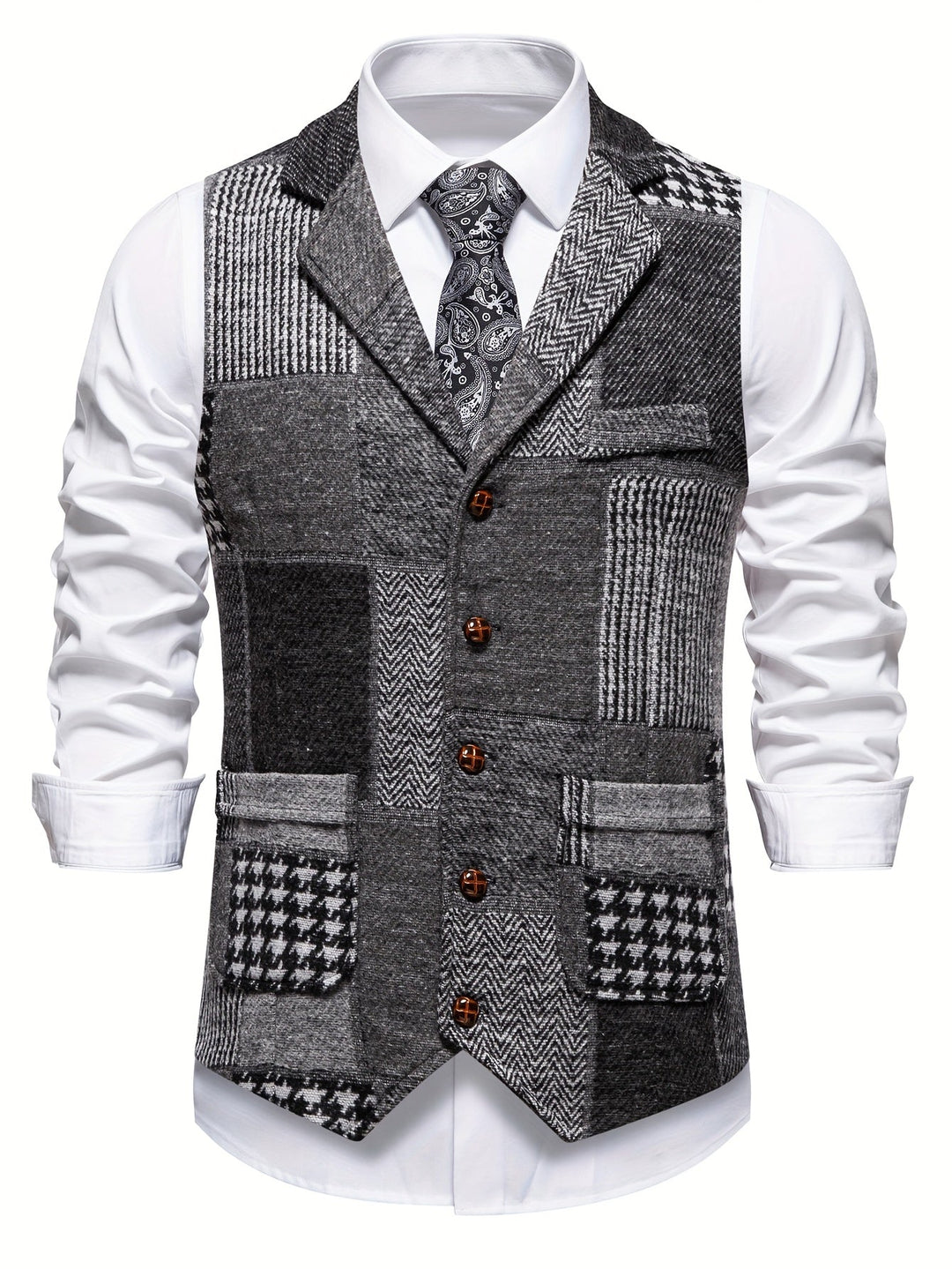 Men's Tweed Patchwork Waistcoat with Herringbone Detail