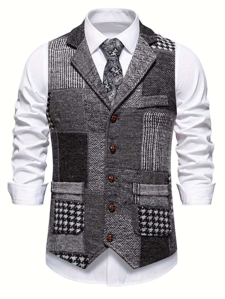 Men's Tweed Patchwork Waistcoat with Herringbone Detail