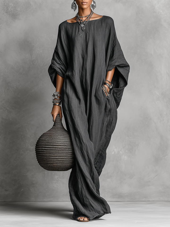 Women's Linen Kaftan Maxi Dress with Dolman Sleeves