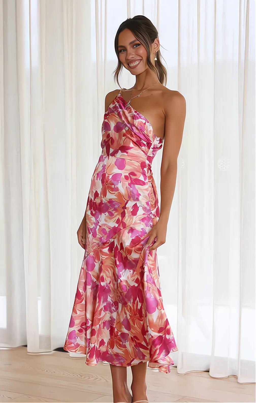 Isabella | Satin Floral One Shoulder Midi Dress