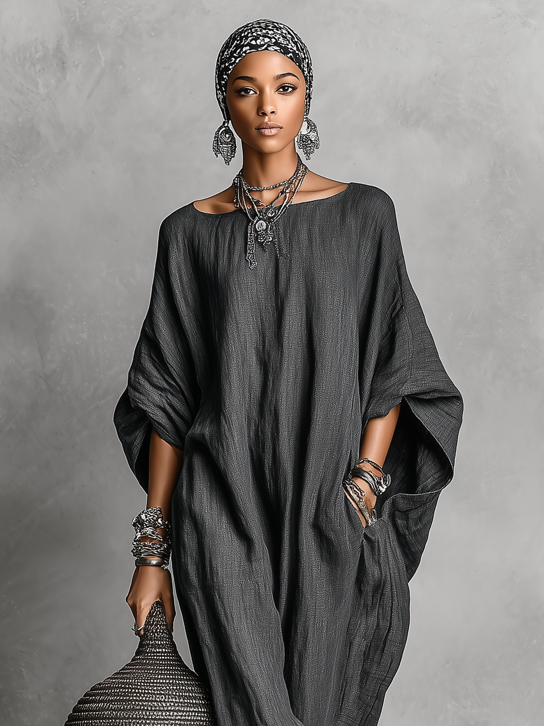 Women's Linen Kaftan Maxi Dress with Dolman Sleeves