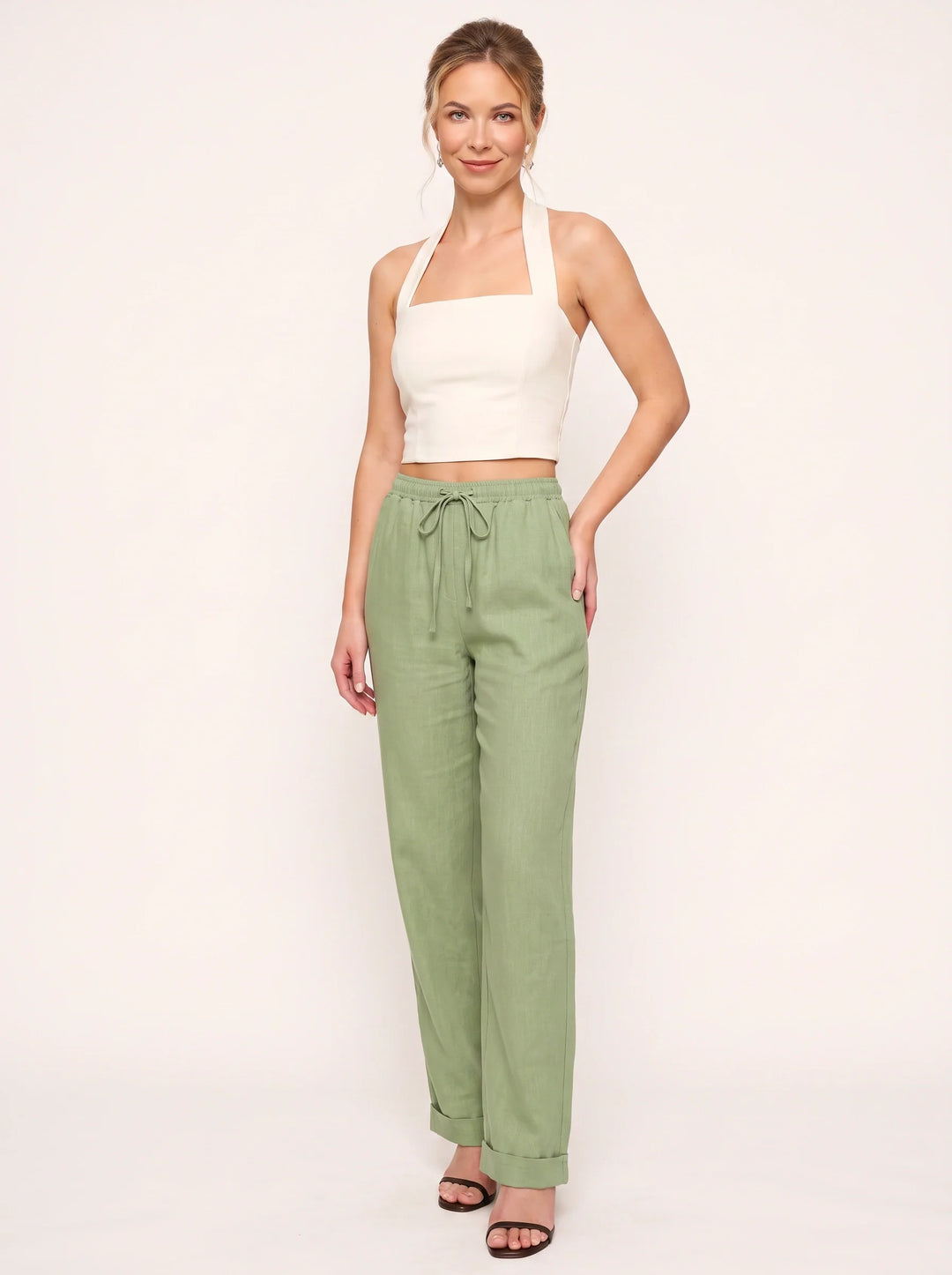 Women's Linen Straight-Leg Pants with Cuffed Hem