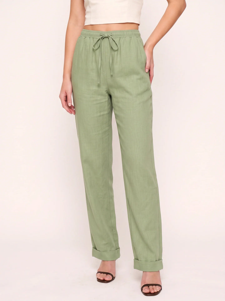 Women's Linen Straight-Leg Pants with Cuffed Hem