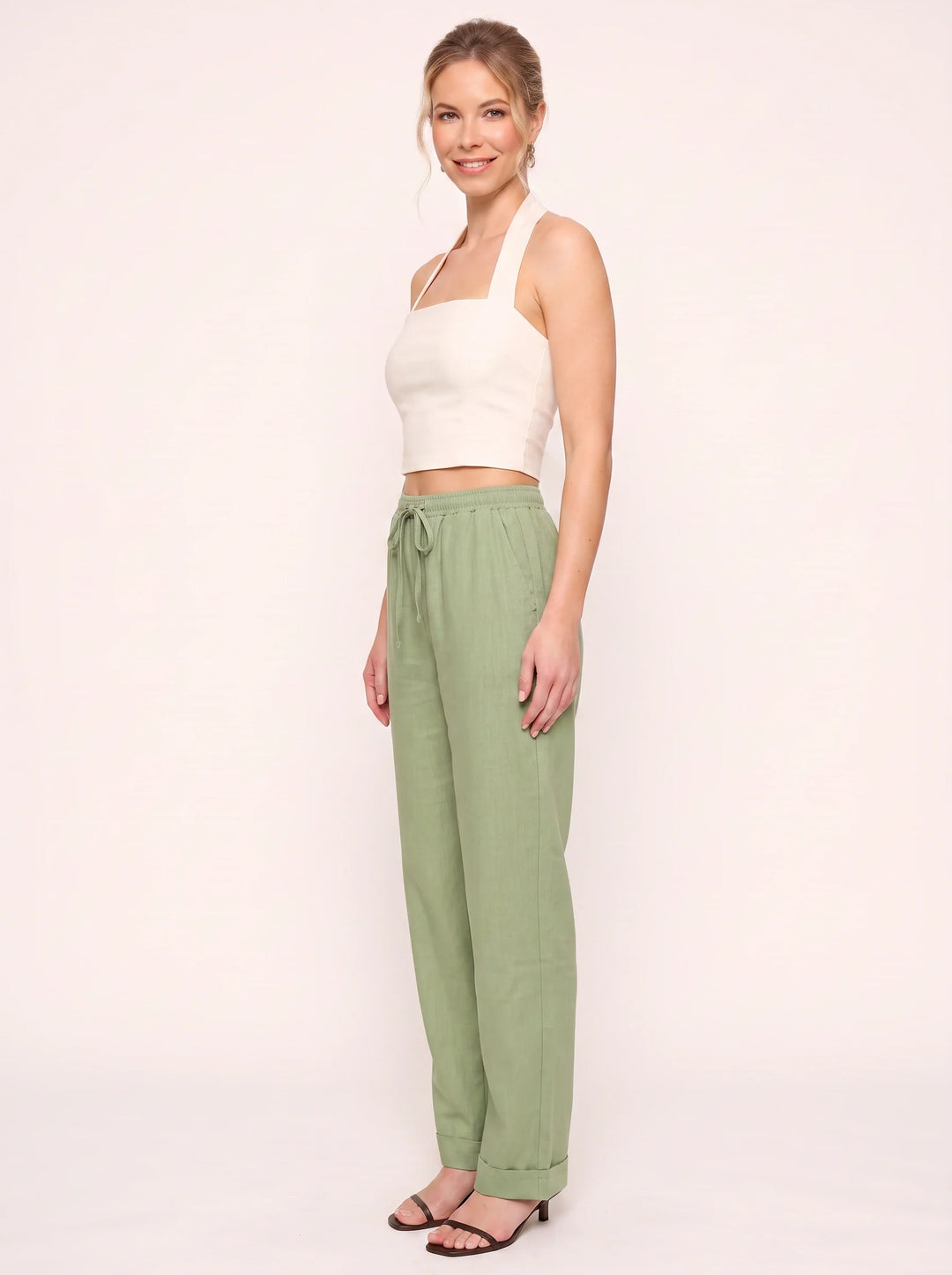 Women's Linen Straight-Leg Pants with Cuffed Hem