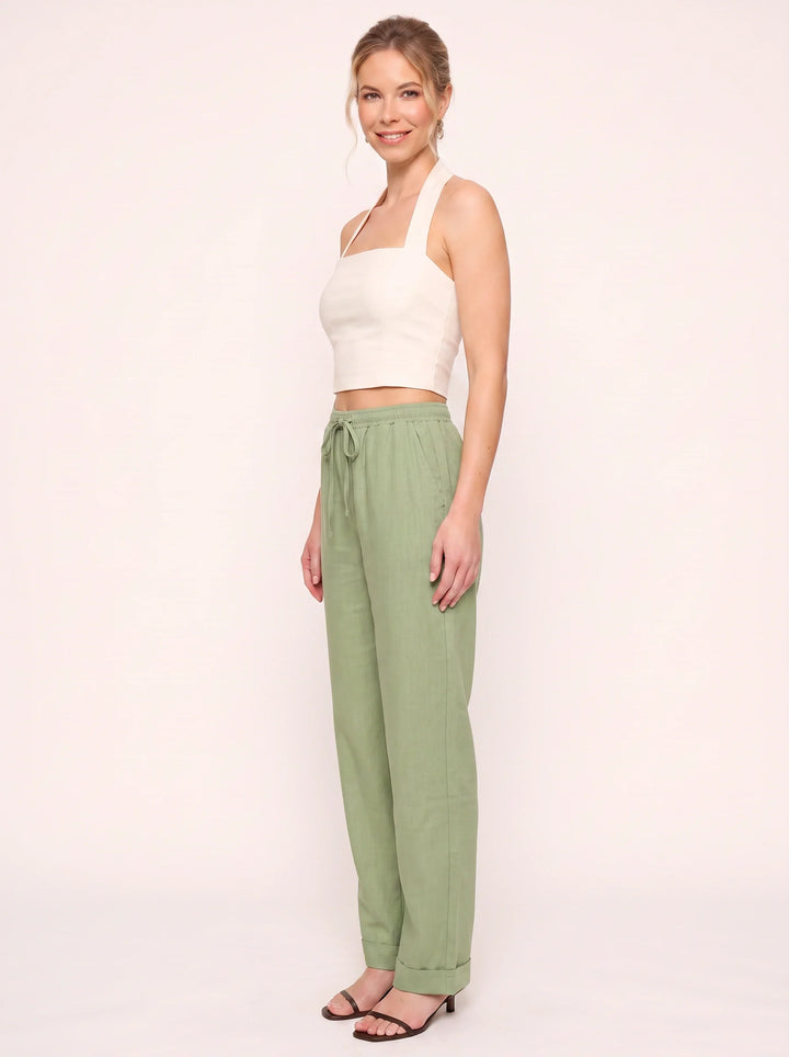 Women's Linen Straight-Leg Pants with Cuffed Hem
