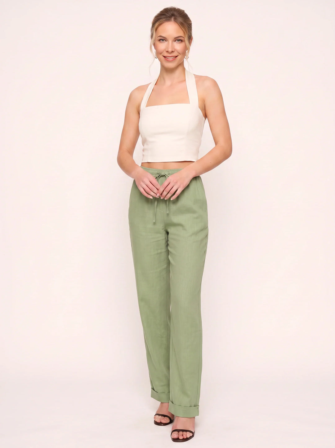 Women's Linen Straight-Leg Pants with Cuffed Hem