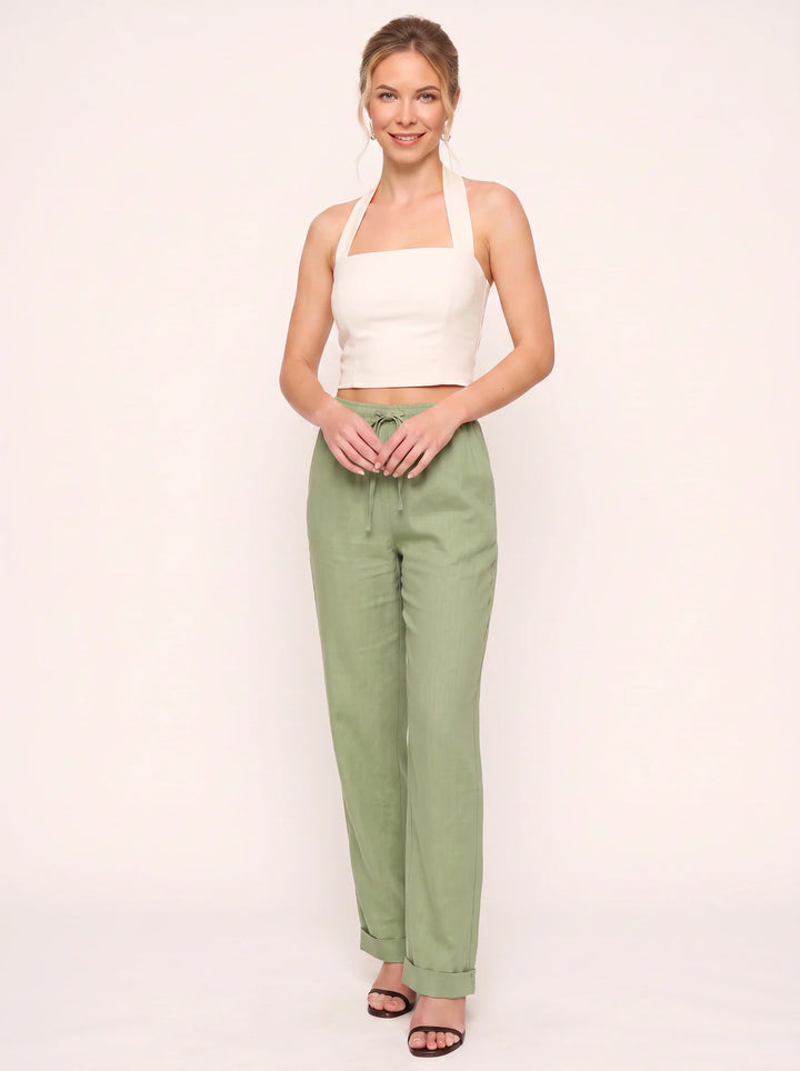 Women's Linen Straight-Leg Pants with Cuffed Hem