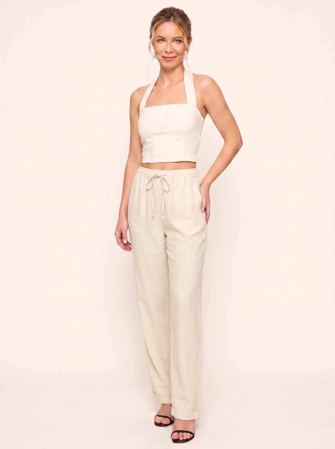 Women's Linen Straight-Leg Pants with Cuffed Hem