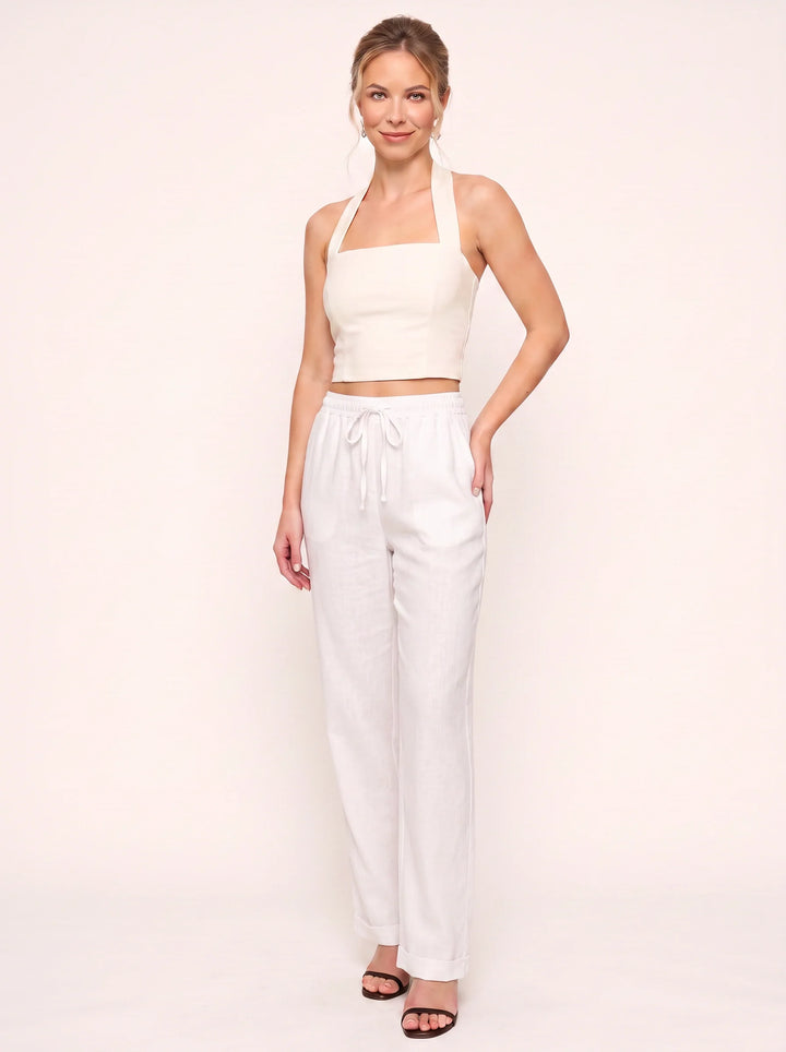 Women's Linen Straight-Leg Pants with Cuffed Hem