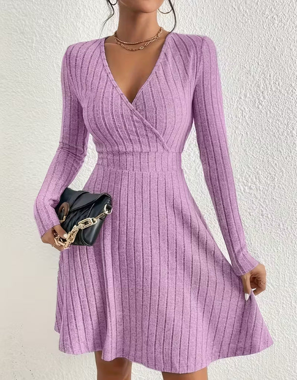 Women's Ribbed Knit Wrap Dress with V-Neck