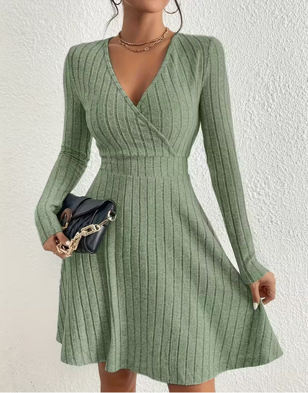 Women's Ribbed Knit Wrap Dress with V-Neck