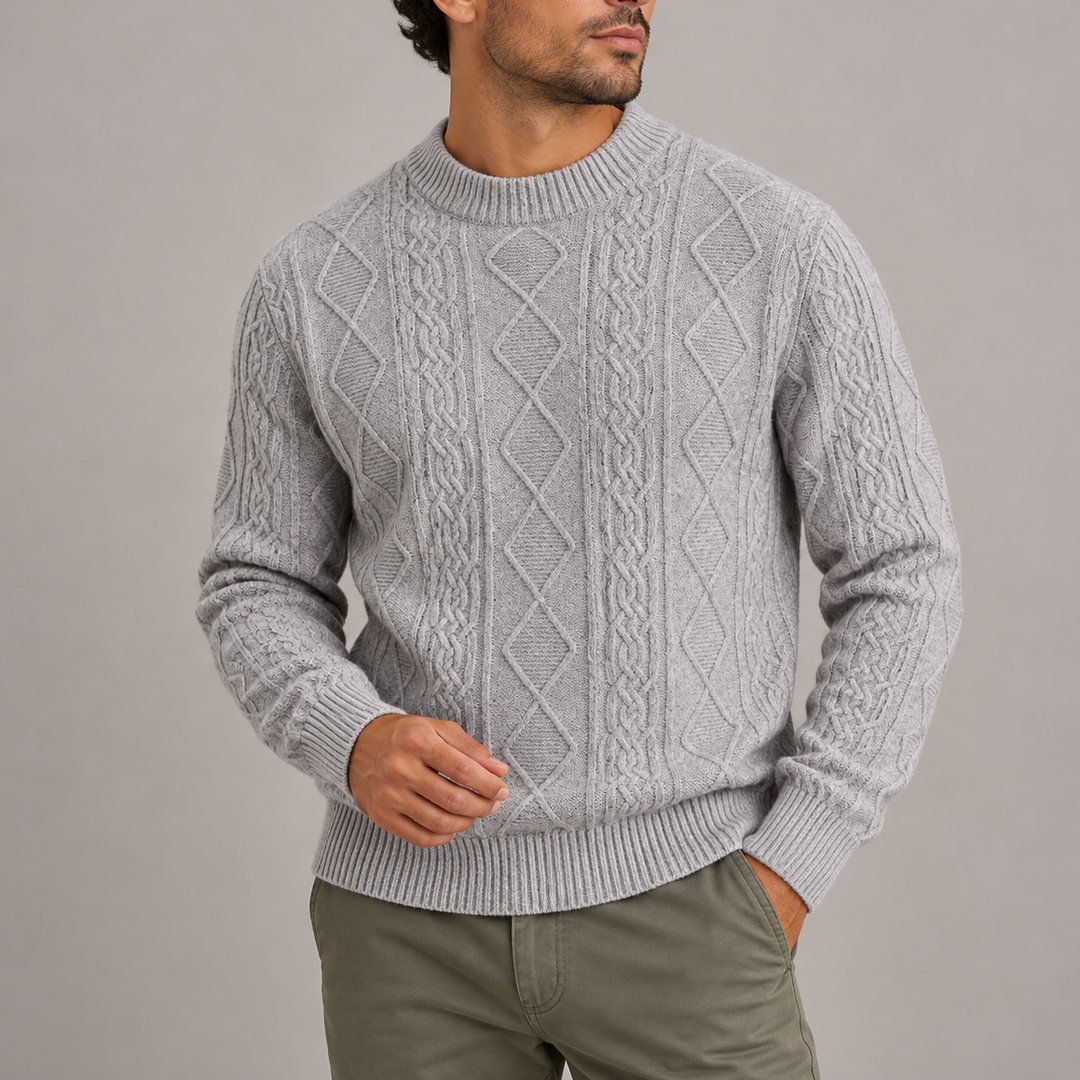 Men's Cable Knit Crew Neck Jumper with Ribbed Cuffs