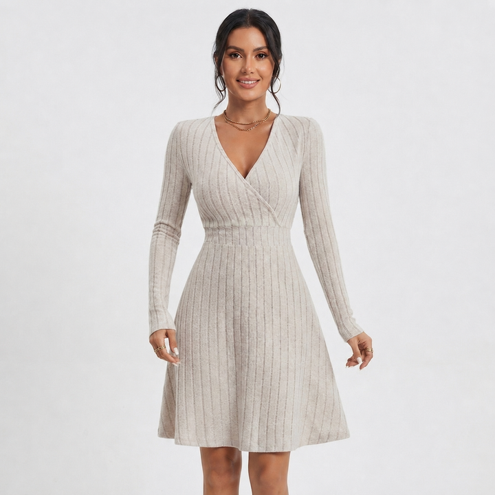 Women's Ribbed Knit Wrap Dress with V-Neck