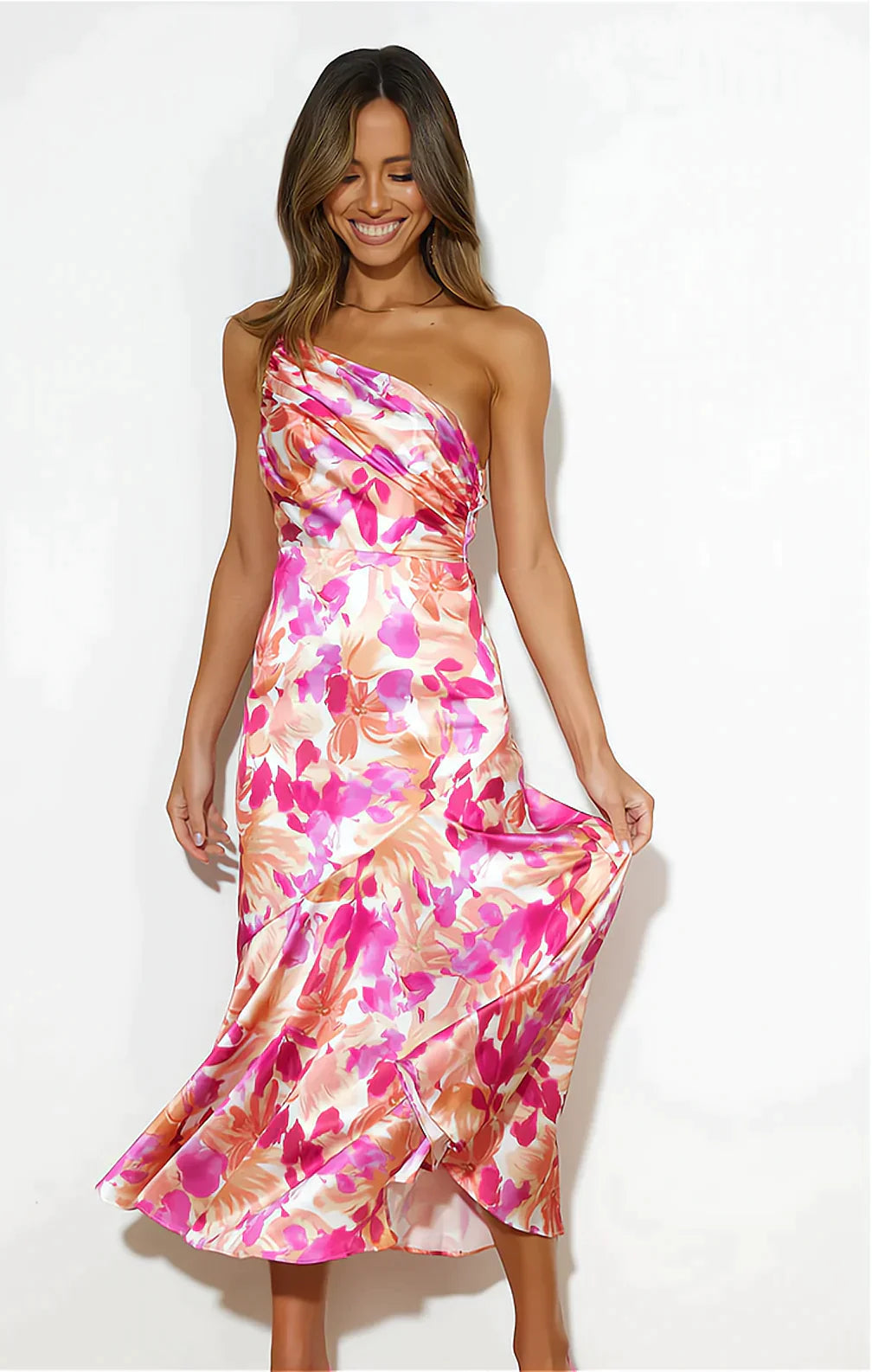 Isabella | Satin Floral One Shoulder Midi Dress