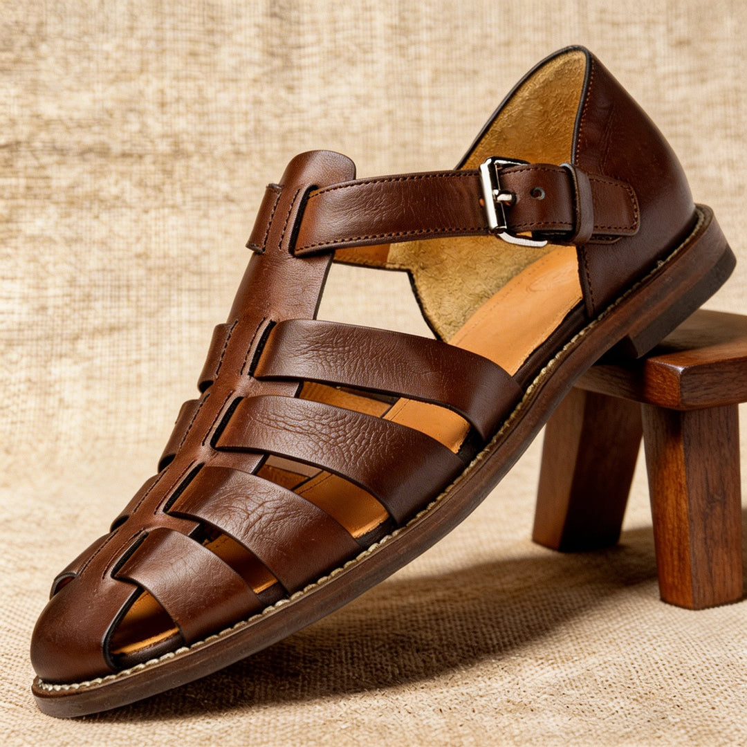 Men's Leather Fisherman Sandals with Woven Straps
