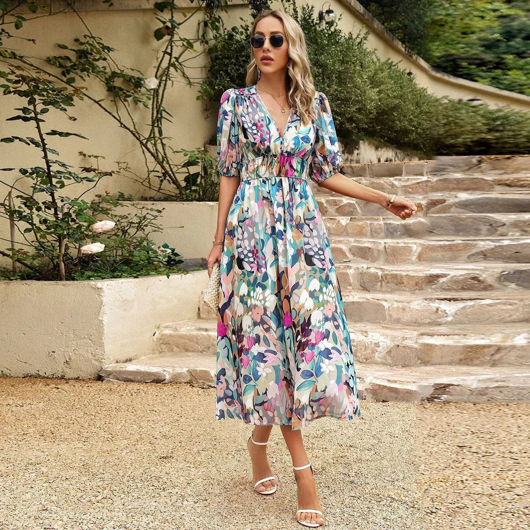 Dahlia | Floral V Neck Occasion Midi Dress