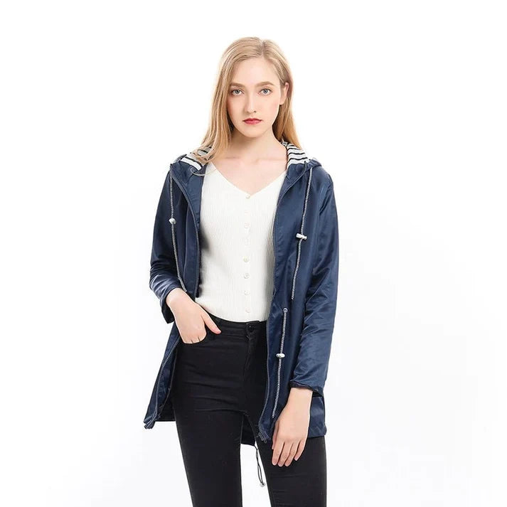 Women's Water-Resistant Hooded Raincoat with Drawstring Waist