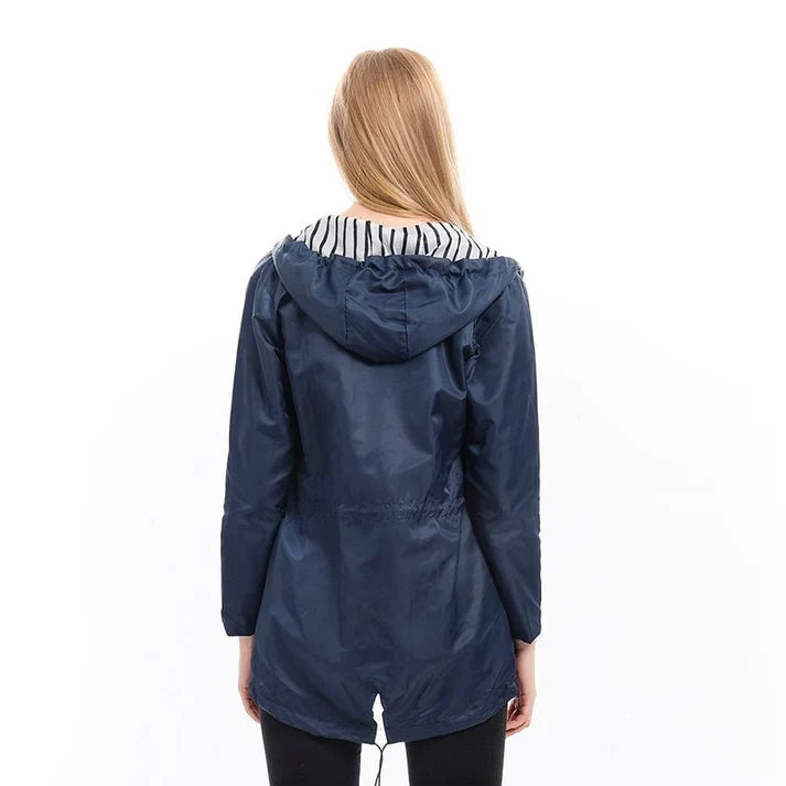 Women's Water-Resistant Hooded Raincoat with Drawstring Waist