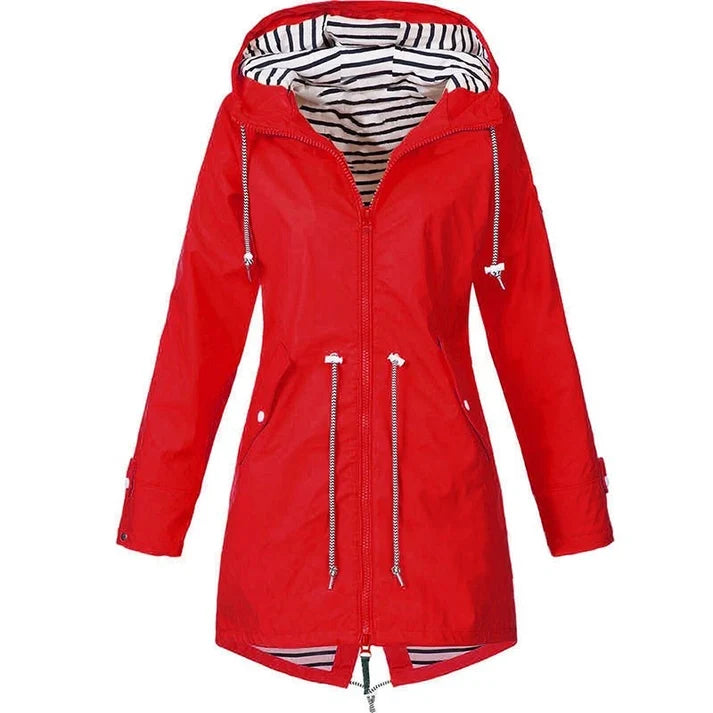 Women's Water-Resistant Hooded Raincoat with Drawstring Waist
