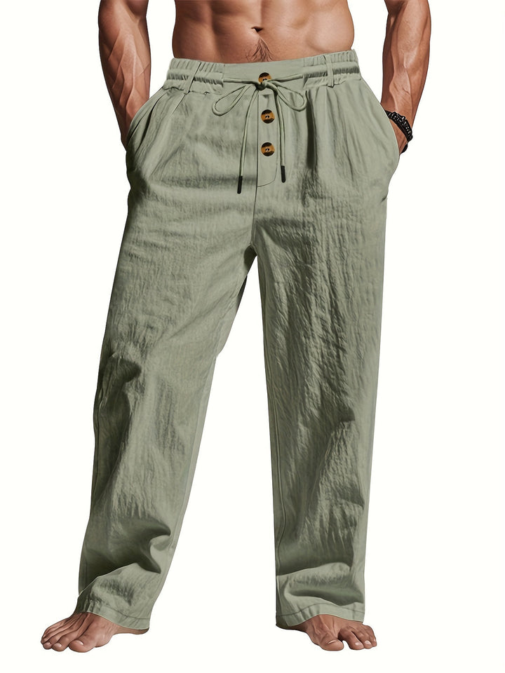 Men's Linen Straight-Leg Pants with Button Placket